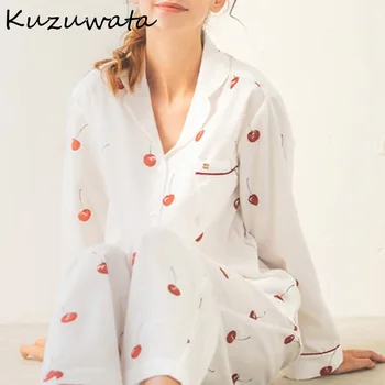 Kuzuwata 2023 Japonijos Rudens Žiemos Moterų Miego Vyšnių Spausdinti Ilgas Rankovėmis Kelnės dviejų dalių Pižama Nustatomi Laisvi Namų Drabužiai