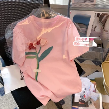 Mados Moterų medvilnės Marškinėlius Harajuku Kawaii trimatis gėlių Marškinėliai Moterims Atsitiktinis palaidų T-shirt Mielas rožinis Viršuje Tee Moteris
