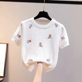 2023 Naujas Vasaros Baltos spalvos Gėlių Siuvinėjimas Ledo Šilko, Megzti T-shirt Moterims, Trišakiai Atsitiktinis Palaidų O-Kaklo trumpomis Rankovėmis T Shirts Apkarpyti Viršūnes