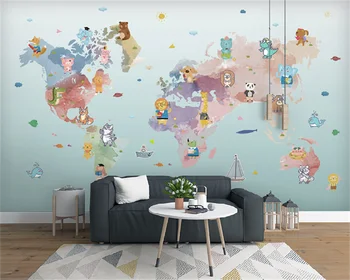 Rankomis dažyti mielas animacinių filmų pasaulio gyvūnų žemėlapis vaikų kambario sienų fone, sienų apdaila dažymas tapetų tėtis peint