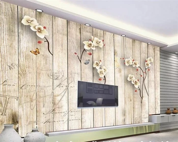 beibehang Užsakymą tapetai, 3d foto freskomis retro medienos grūdų gėlių tapetai gyvenamasis kambarys su sofa-tapetai papel de parede 3d
