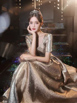 Šampanas BlingBling Vakarinę Suknelę China Apykaklės Bandge Promenadzie Suknelė Trumpomis Rankovėmis Elegantiškas Lankas Nėrinių Ilgai Gimtadienio Vestidos
