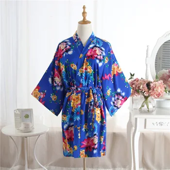 Moterų Kimono Royal Blue Gėlių Spausdinti Chalatas Suknelė Medvilnės Chalatai Seksualus Sleepwear Namų Drabužių
