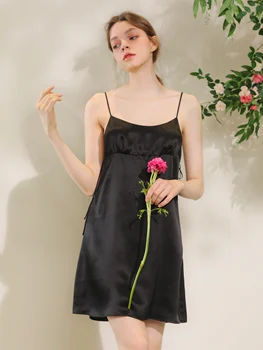 Moterys Vasarą Nightgowns Hangzhou 100% Nekilnojamojo Šilko Nėriniai Seksualus Rankovių Dirželis Nightdress Sleepwear Naktiniai Drabužiai Moterims Moterų
