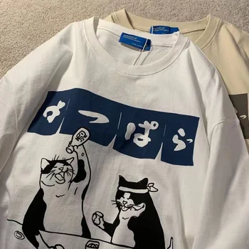 Japonų Raštas Printting Katė Juokinga Marškinėlius už Moterų Vasaros 2023 Naujas Trumpas Rankovės Medvilnės T Shirts Moteris Mielas Kawaill Tees Viršūnės