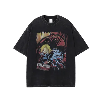 Fullmetal Alchemist Anime T-shirts Vintage Plauti Edward ir Alphonse Marškinėliai Negabaritinių Streetwear Manga trumpomis Rankovėmis Viršūnes Tees Vyrai