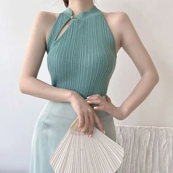 2023 Vasarą Pasėlių Viršuje Moterims, Seksualus, be Rankovių Trumpas Viršūnes Kinijos Cheongsam Vest Elegantiška Vintage Backless Camisoles