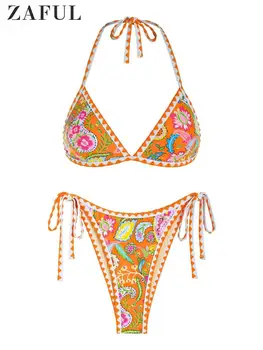 ZAFUL Etninės Paisley Spausdinti maudymosi kostiumėlis Moterims Bikini Komplektas Plakti Dygsnio String Trikampis Bikini Viršų, Kaklaraištis Pusėje Plaukti Apačioje maudymosi Kostiumėliai