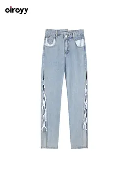 Baggy Jeans Moterų Mėlyna Nereguliarus Ritininės Supjaustyti Nėriniai-up High Waisted Pločio Kojų Džinsinio audinio Kelnės Streetwear 2023 Pavasario Y2K Karšta Mergina Kelnės