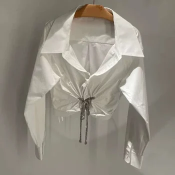 SuperAen 2023 Pavasarį Naują Nišą Projektavimo Saldus Stilius Atvira Bamba Marškinėliai White Trumpas Mados Nėrinių Marškinėliai