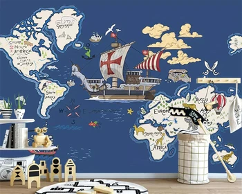 WELLYU Tapetai, freskos ranka pieštas piratų laivas žemėlapis cartoon vaikų kambario sienų apdaila fone 3d tapetai tėtis peint 3D