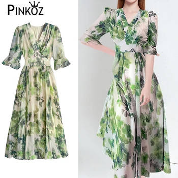 Pinkoz moterų žalia gėlių spausdinti midi suknelė vasaros šifono mados drabužių, apsiaustą big size vestidos de mujer atsitiktinis elegante nrw