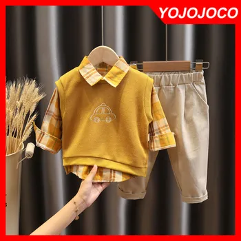 Berniuko drabužių pavasario ir rudens mados vaikų kostiumas 0-5Y berniukas liemenė + pledas marškiniai + kelnės berniukui drabužių trijų dalių kostiumą