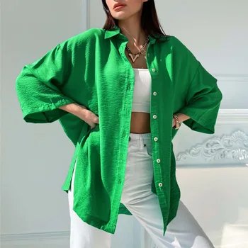 2023 Elegantiška Palaidinė Marškinėliai Palaidinė Viršūnes Moterų Žalia Naujas Vasaros Ilgomis Rankovėmis Megztinis Prarasti Palaidinė Marškinėliai Padalinta Darbo Streetwear