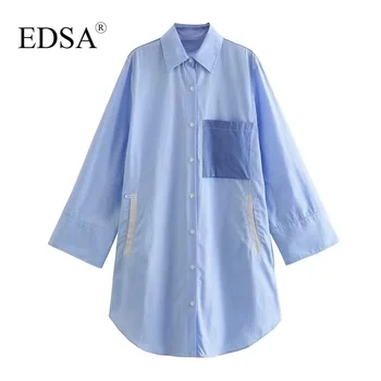 EDSA Moterų Mados Kratinys Mėlyna Tiesiai Trumpi Marškinėliai Suknelė 2023 Vasaros Priekinės Krūtinės Kišenėje ilgomis Rankovėmis Mini Suknelės